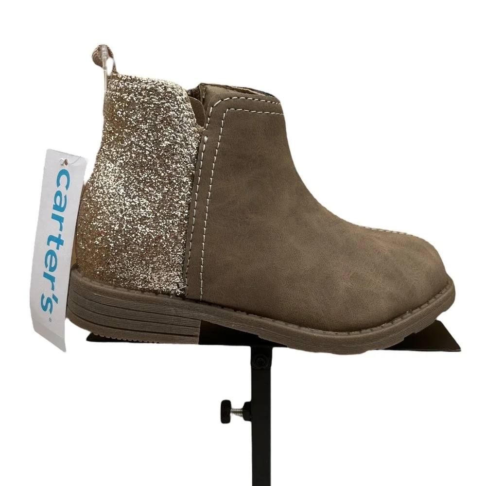 Carters Little Girl's Liana Ankle Boots Size 12 Taupe Glitter Accent Side Zip‎